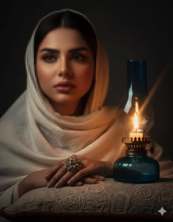 Woman in traditional shawl sitting beside vintage oil lamp in warm light