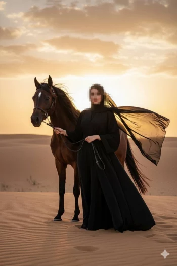 Woman in white abaya holding Quran besWoman in black abaya standing with Arabian horse in the desert at sunsetide the Kaaba during sunrise in Mecca