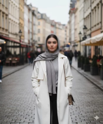 Woman in white coat and grey scarf walking confidently on cobblestone street