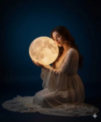 Woman in White Dress Holding Glowing Moon in a Dreamy Night Setting