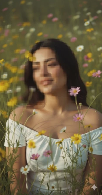 Woman in White Dress Sitting Peacefully Among Colorful Wildflowers