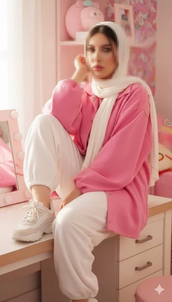 Woman in white hijab and pink outfit sitting stylishly in pastel themed room
