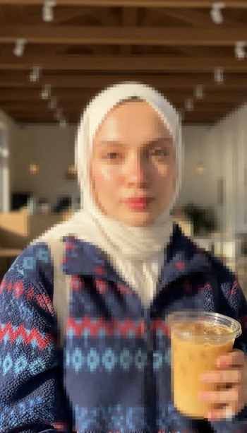 Woman in white hijab enjoying iced coffee in a sunlit modern café