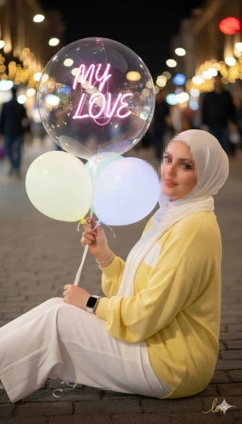 Woman in White Hijab Holding Glowing Balloons with My Love Sign at Night