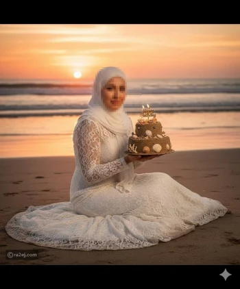 Woman in White Hijab Holding Sand Birthday Cake at Sunset Beach