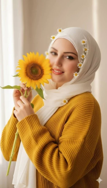 Woman in white hijab holding sunflower wearing mustard yellow sweater indoors