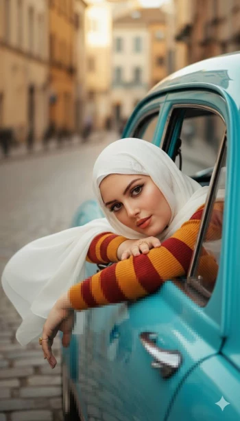 Woman in White Hijab Leaning from Vintage Turquoise Car on City Street