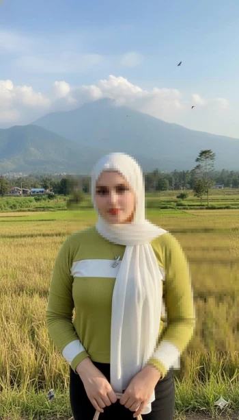 Woman in White Hijab Standing in Peaceful Green Field with Mountain View
