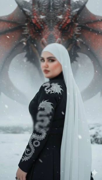 Woman in white hijab standing in snow with a red dragon in the background