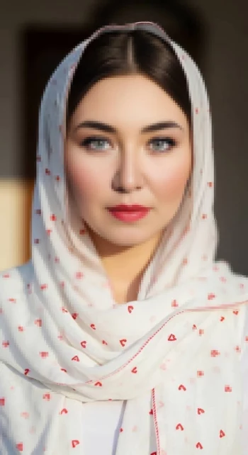 Woman in White Hijab with Red Heart Pattern Posing in Natural Light