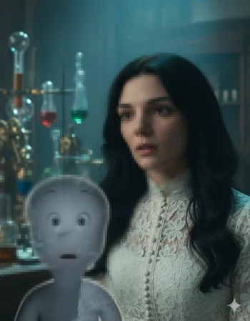 Woman in white lace dress standing with friendly ghost in vintage laboratory
