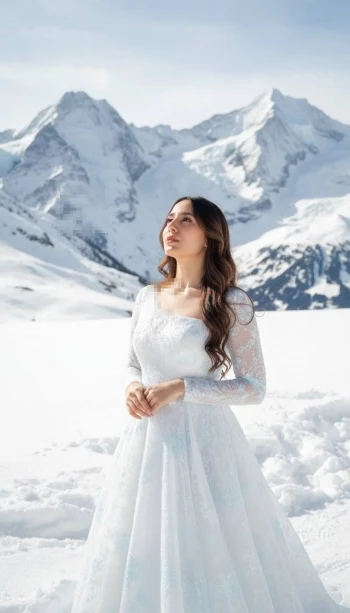 Woman in white lace gown standing peacefully in snowy mountain landscape