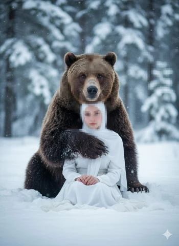 Woman in White Sitting with a Brown Bear in a Peaceful Snowy Forest