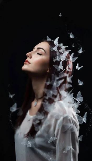 Woman in white surrounded by glowing butterflies in dreamy dark background