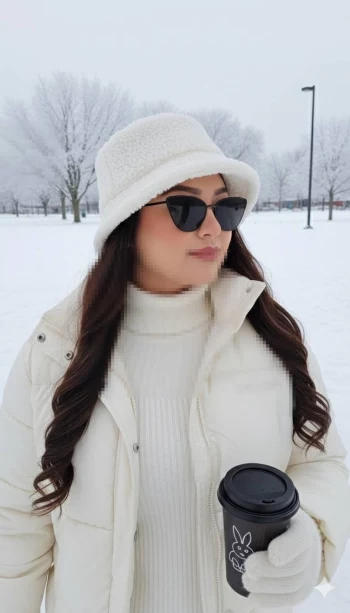 Woman in white winter outfit holding coffee cup in snowy outdoor scene