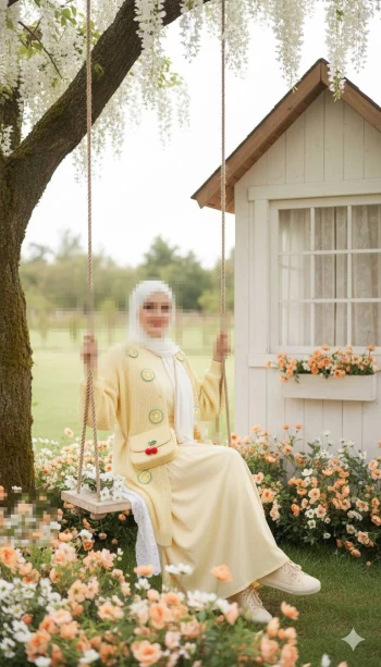 Woman in Yellow Outfit Sitting on Swing Surrounded by Flowers in Garden
