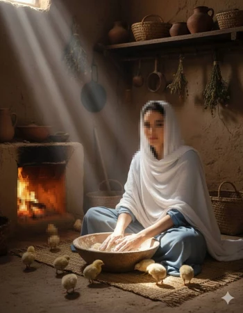 Woman kneading dough beside clay oven with chicks in rustic countryside kitchen