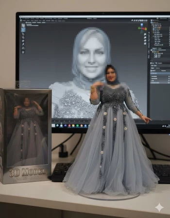 Woman Posing with Her 3D Printed Figurine and Digital Model on Screen