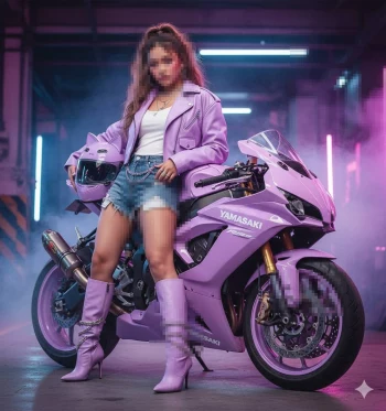 Woman posing with lavender Yamasaki motorcycle in neon-lit garage