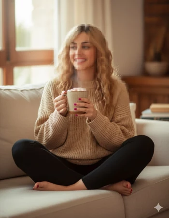 Woman relaxing on sofa wearing beige sweater and holding a warm coffee mug