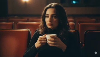 Woman sitting alone in theater holding a cup under warm cinematic lighting