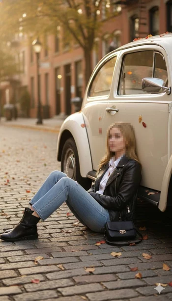 Woman sitting by vintage car on autumn street in warm golden sunlight