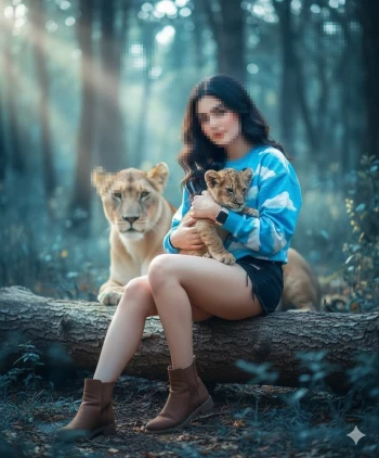 Woman sitting in forest holding lion cub beside lioness under soft morning light