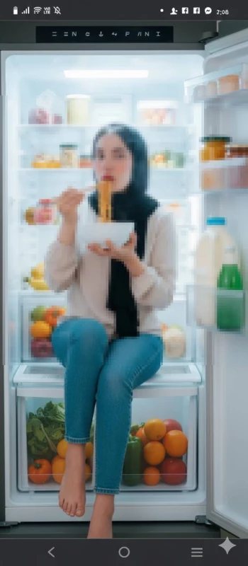 Woman sitting inside refrigerator eating noodles in creative funny concept photo