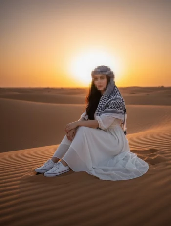 Woman Sitting on Desert Sand Dunes at Sunset Wearing Traditional Scarf