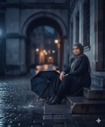 Woman sitting on rainy city steps with umbrella under night street lights