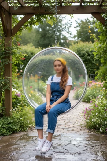 Woman Sitting on Transparent Swing Chair in Colorful Garden