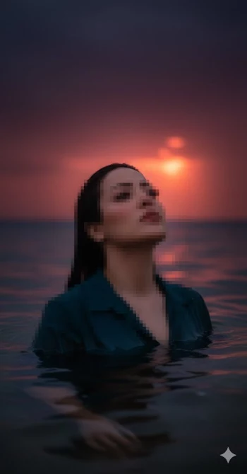 Woman Standing in Ocean at Sunset Wearing Dark Teal Shirt