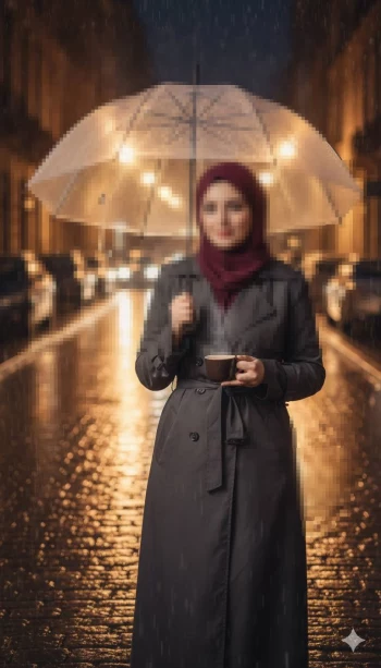 Woman standing under a clear umbrella at night holding a cup of coffee in the rain