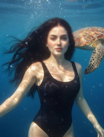 Woman swimming underwater with sea turtle in clear blue ocean light