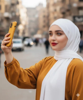 Woman taking a selfie on a city street wearing white hijab and mustard blouse