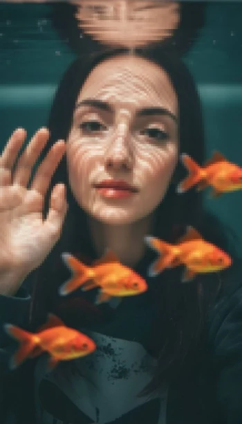 Woman underwater surrounded by orange goldfish with rippling light reflections