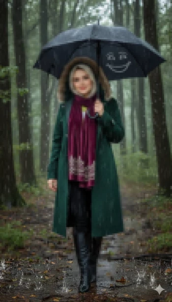 Woman walking in the rain holding an umbrella in a green forest path