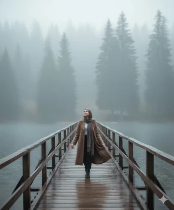 Woman walking on a wooden bridge surrounded by fog and pine trees