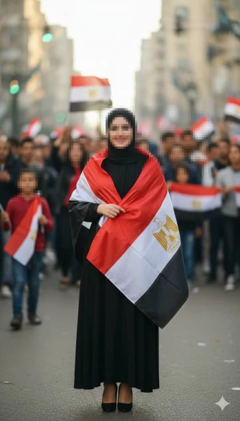 Woman wearing Egyptian flag standing proudly in street during celebration
