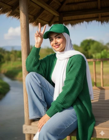 Woman wearing green cap and cardigan posing outdoors making peace sign