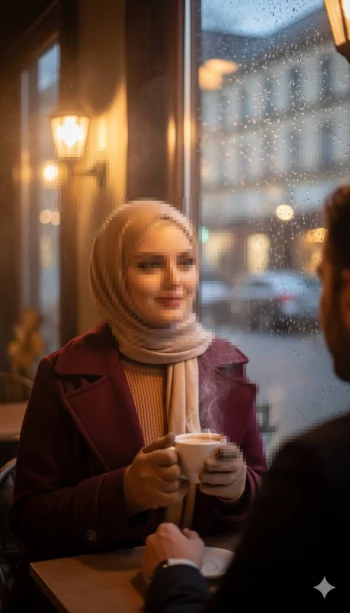 Woman wearing hijab enjoying a warm coffee inside a cozy café on a rainy day
