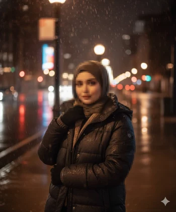 Woman wearing hijab standing on rainy city street at night with warm lights
