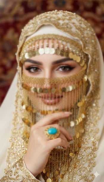 Woman wearing traditional golden veil and jewelry with turquoise ring