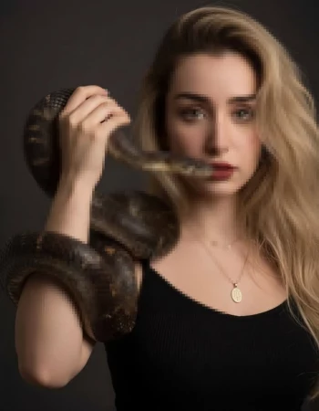 Woman with blonde hair holding a snake wrapped around her arm in dark studio