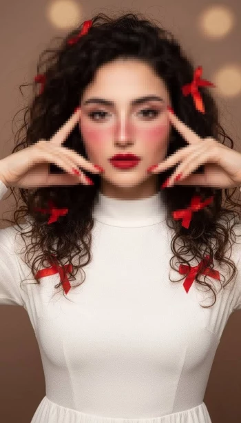 Woman with curly hair and red ribbons wearing white dress and bold red makeup