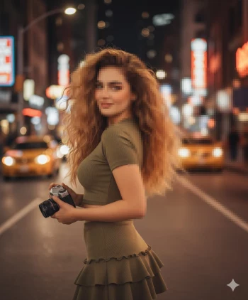 Woman with curly hair holding camera on vibrant city street at night