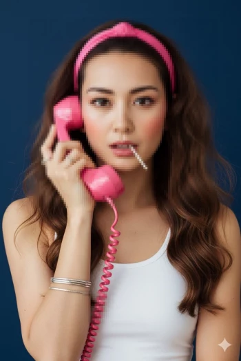 Woman with pink phone and headband posing playfully against blue background