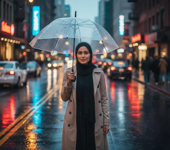 Woman with Umbrella Standing on Rainy City Street at Night