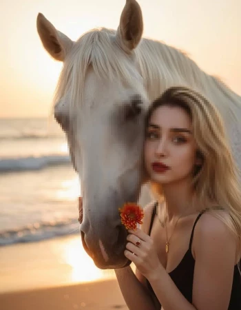 Woman with white horse holding flower on the beach at sunset