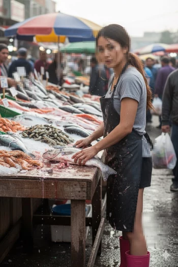 Woman Working at a Busy Outdoor Fish Market Handling Fresh Seafood